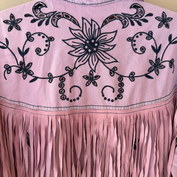 Free People Great Plains Fringe Denim Top Lilac Embroidered western shirt L - Picture 6 of 8